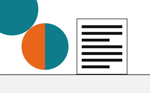 Flat geometric drawing of a half-orange, half-teal disc beside a page of text.