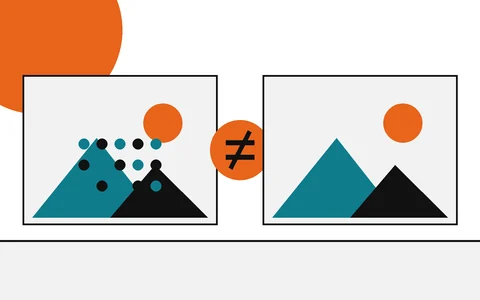 Flat geometric drawing of two photos, one carrying a hidden pattern of dots, with a not-equal disc between them.