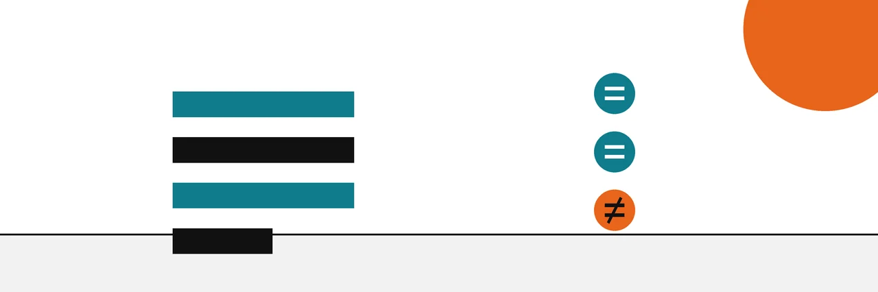 Flat geometric drawing of a large file split into parts, each checked against a listed fingerprint, the last one marked not equal.