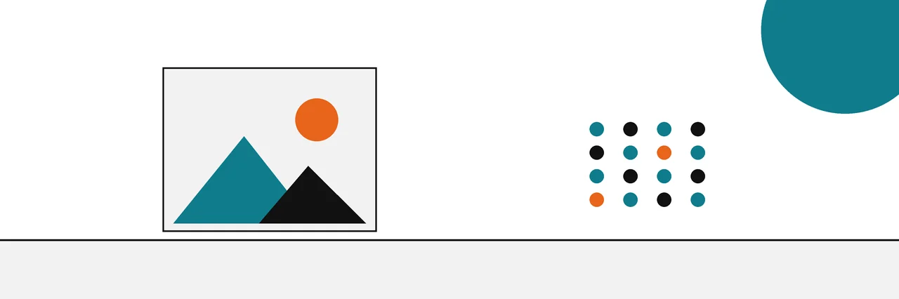 Flat geometric drawing of a photo beside a grid of field discs, two of them marked orange.