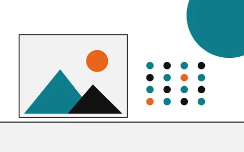 Flat geometric drawing of a photo beside a grid of field discs, two of them marked orange.