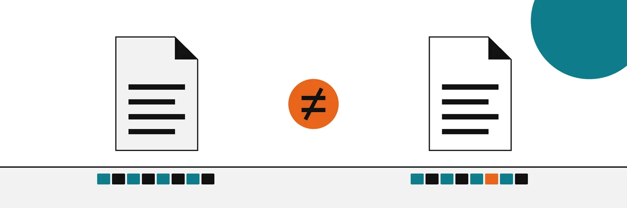 Flat geometric drawing of two files whose fingerprint strips differ in one orange block, with a not-equal disc between them.
