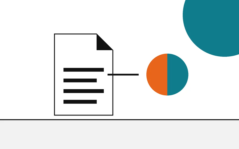 Flat geometric drawing of a document linked to a half-orange, half-teal disc.