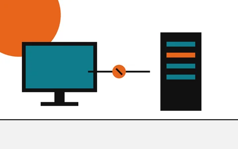 Flat geometric drawing of a workstation and a domain controller with a broken link between them marked by an orange disc.