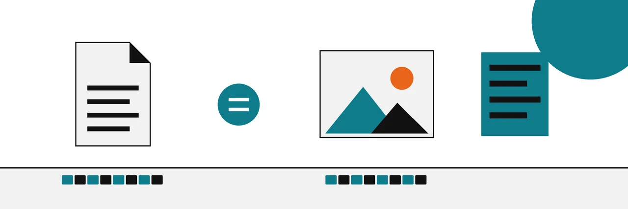 Flat geometric drawing of a downloaded file and a photo whose provenance label carries the same fingerprint strip, joined by an equals disc.