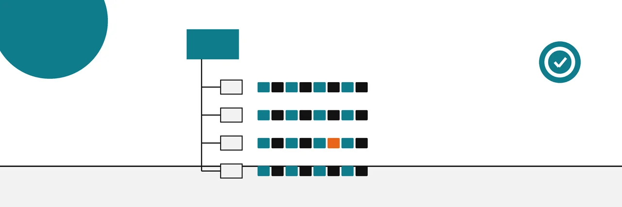 Flat geometric drawing of a folder tree with a fingerprint strip beside every file, one strip marked orange where a file changed.