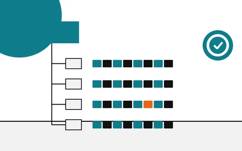 Flat geometric drawing of a folder tree with a fingerprint strip beside every file, one strip marked orange where a file changed.