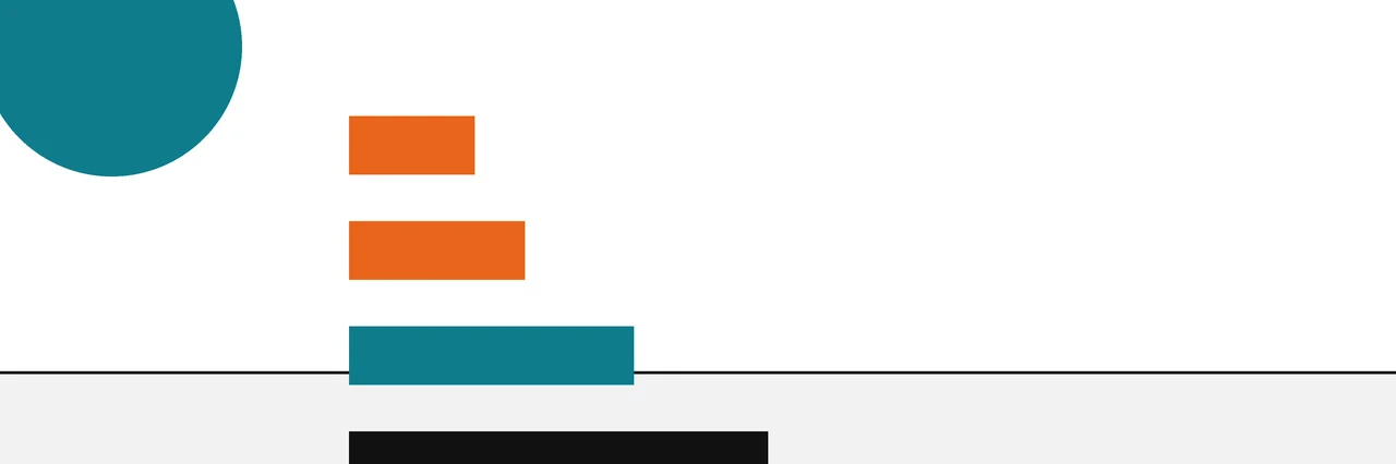 Flat geometric drawing of four bars of increasing length, the two shortest in orange and the longer ones in teal and ink.