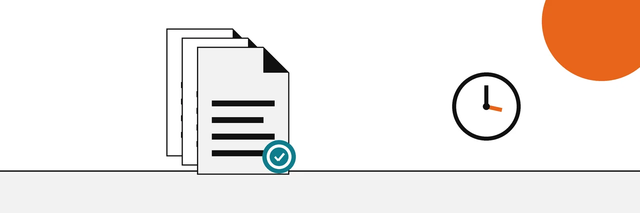 Flat geometric drawing of a stack of dated drafts, each with a seal, beside a clock face.