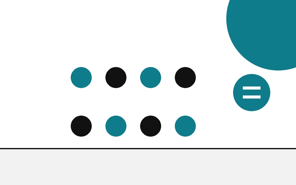 Flat geometric drawing of eight discs in two rows, alternating teal and ink, beside an equals disc.