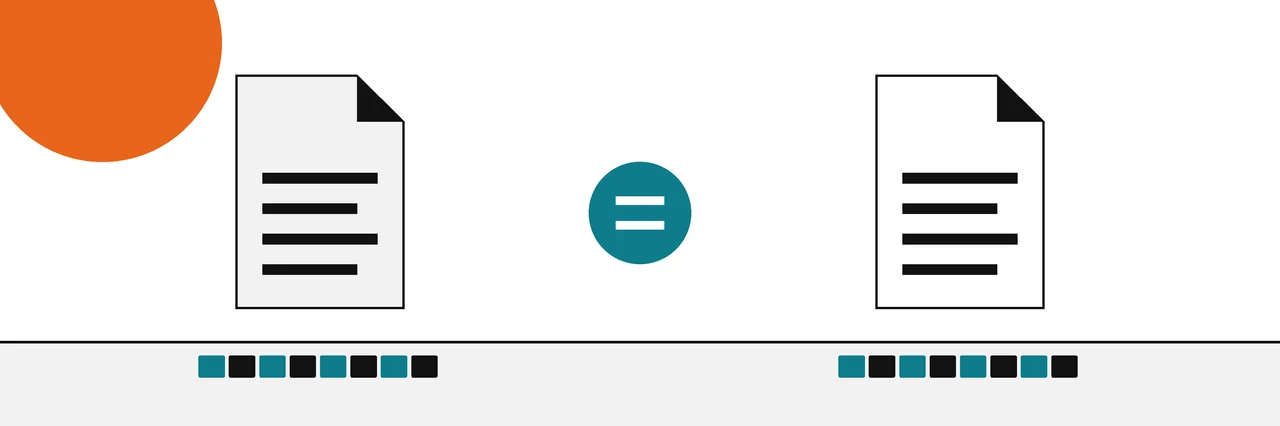 Flat geometric drawing of two files side by side with matching fingerprint strips and an equals disc between them.