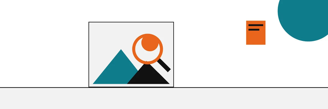 Flat geometric drawing of a magnifier disc over a photo with a small label in the corner.