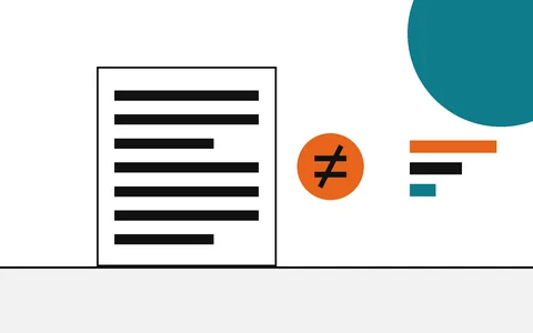 Flat geometric drawing of a block of text beside a not-equal disc and three falling bars.