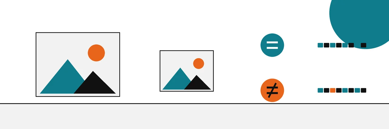 Flat geometric drawing of an original photo and a resized copy, one comparison marked equal and one marked not equal.