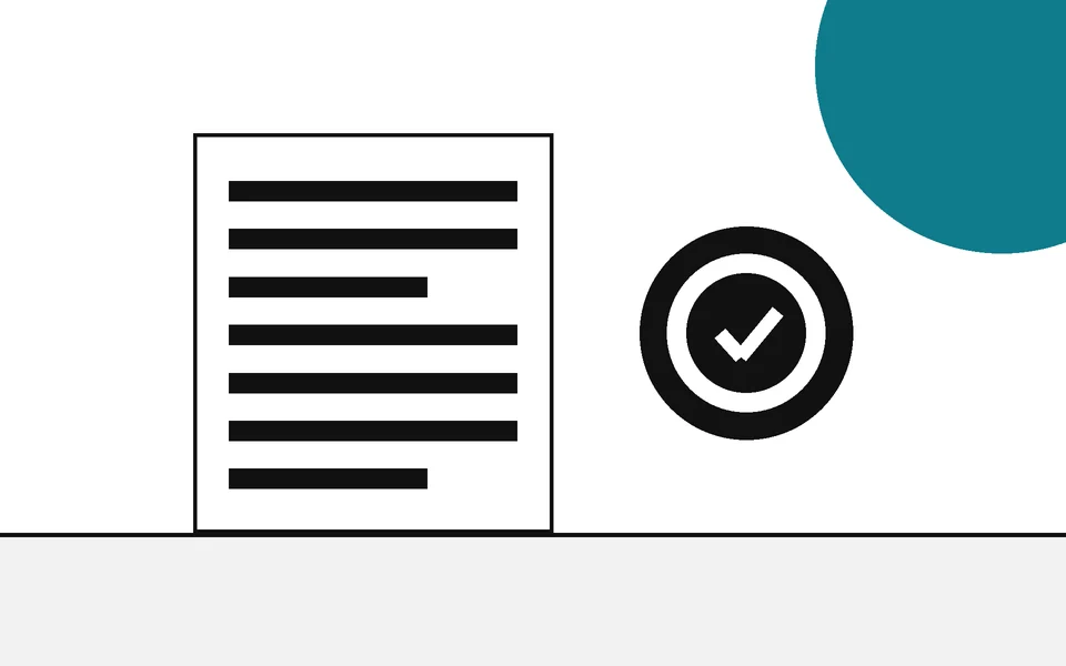 Flat geometric drawing of a page of text beside an ink seal.