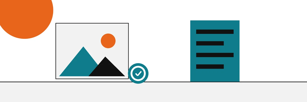 Flat geometric drawing of a photo with a seal and a fold-out label listing its edits.