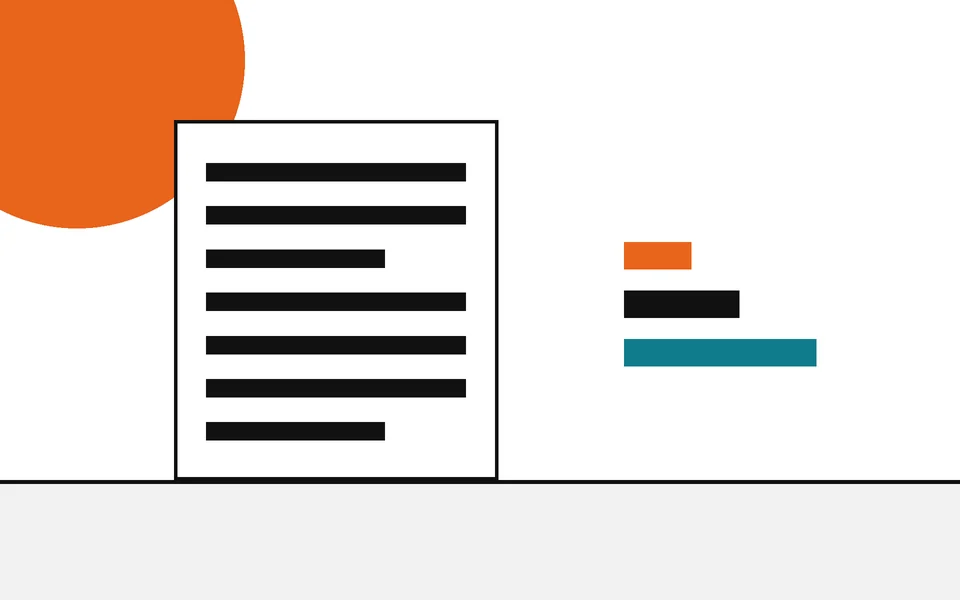 Flat geometric drawing of a page of text beside three bars of different lengths.