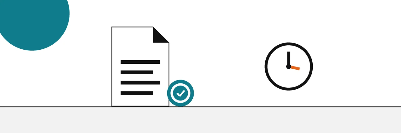 Flat geometric drawing of a document with a seal beside a clock face.