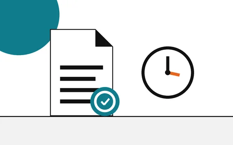 Flat geometric drawing of a document with a seal beside a clock face.