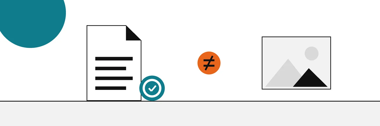 Flat geometric drawing of a signed document with a seal beside a flat grey screenshot, with a not-equal disc between them.