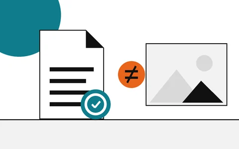 Flat geometric drawing of a signed document with a seal beside a flat grey screenshot, with a not-equal disc between them.