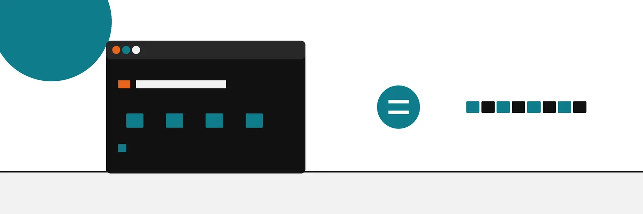 Flat geometric drawing of a rounded terminal window with a fingerprint line, an equals disc and a published fingerprint.