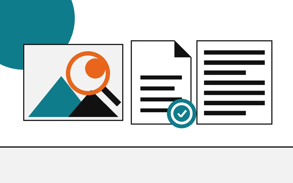 Flat geometric drawing of a magnifier disc over a photo, a document carrying a seal, and a block of text.